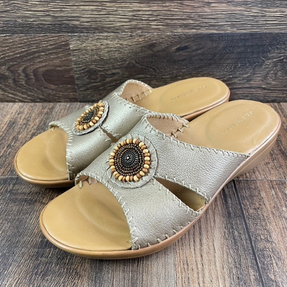 Easy Spirit Womens Gold Leather Beaded Medallion Slide Wedge Sandals Size 7.5